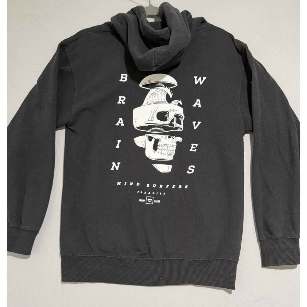 chomp‎ brand 'brain waves' skull black pullover hoodie, men's small sweatshirt